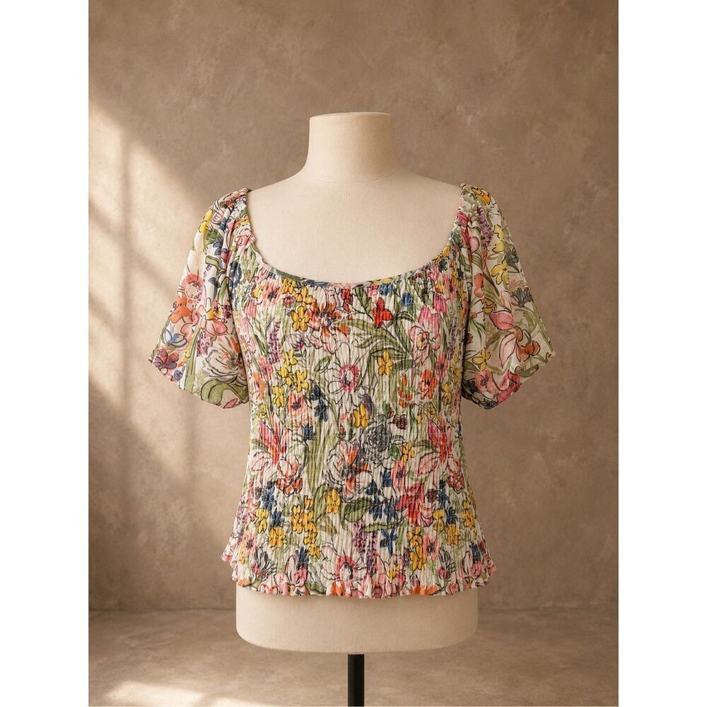 Anthropologie Smocked Floral Puff Sleeve Top Multicolor Size L Stretchy Summer B